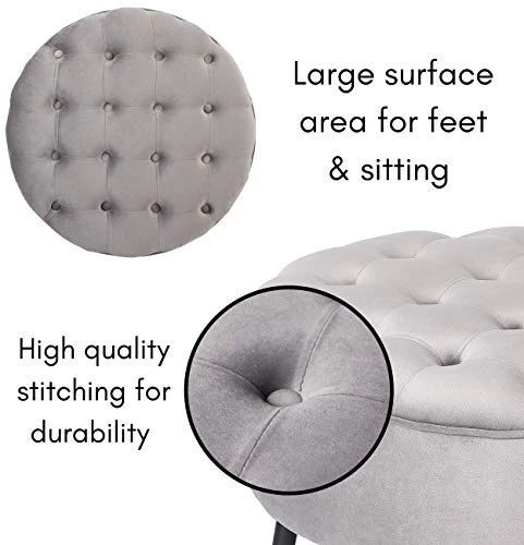 BIRDROCK HOME Tufted Round Grey Ottoman – Velvet Foot Stool – Mid Century Modern Steel Legs - Soft Compact Padded Stool - Living Room Or Bedroom – Vanity Chair - Decorative Furniture 5 BIRDROCK HOME Tufted Round Grey Ottoman – Velvet Foot Stool – Mid Century Modern Steel Legs - Soft Compact Padded Stool - Living Room Or Bedroom – Vanity Chair - Decorative Furniture - Image 5