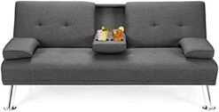 Giantex Modern Convertible Futon Sofa Bed, Linen Upholstered Futon Sofa Sleeper W/Metal Leg, Removable Armrests, 2 Cup Holders, Backrest Adjustable, Folding Futon Sofa Bed For Apartment (Dark Gray) -Songmics Furniture Shop 41oaW7mldVL. AC