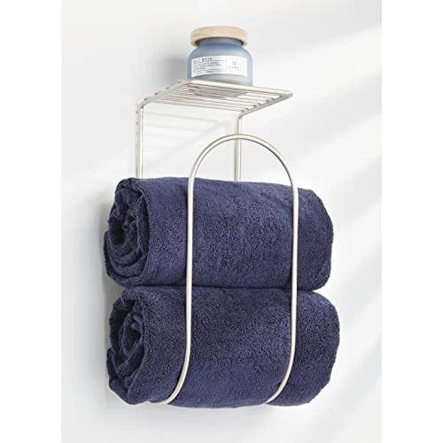 MDesign Modern Metal Wire Wall Mount Towel Rack Holder And Organizer With Storage Shelf - For Bathroom Towels, Washcloths, Hand Towels - Decorative Curved Design - Satin 5 MDesign Modern Metal Wire Wall Mount Towel Rack Holder And Organizer With Storage Shelf - For Bathroom Towels, Washcloths, Hand Towels - Decorative Curved Design - Satin - Image 5