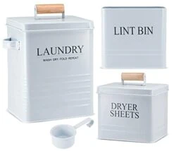 3-in-1 Set For Laundry Room Organization: Laundry Pods Container, Magnetic Lint Bin Trash Can, And Dryer Sheet Holder – Modern Farmhouse Decor For Laundry Room Organization Jars And Storage (White 1)