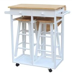 White Collapsible Kitchen Island Cart With 2 Stools - Semicircle Desk With Chairs - Solid Wood Drop Leaf Table With Handles - Foldable Kitchen Table On Wheels - Rolling Folding Table With Drawers