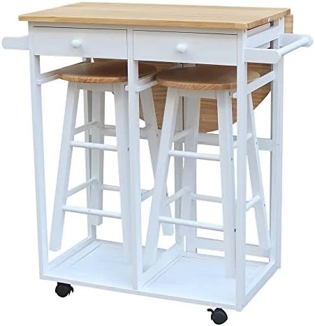 White Collapsible Kitchen Island Cart With 2 Stools - Semicircle Desk With Chairs - Solid Wood Drop Leaf Table With Handles - Foldable Kitchen Table On Wheels - Rolling Folding Table With Drawers 7 White Collapsible Kitchen Island Cart With 2 Stools - Semicircle Desk With Chairs - Solid Wood Drop Leaf Table With Handles - Foldable Kitchen Table On Wheels - Rolling Folding Table With Drawers - Image 7