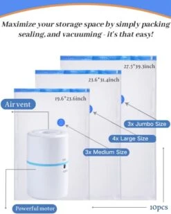Enoryoau's 2023 Newest Vacuum Storage Bags Set : 10-Pack Vacuum Seal Bags With Electric Pump - Making It The Ultimate Space Saver For Clothes, Bedding, Closet Organization, Home Storage & Travel Essentials