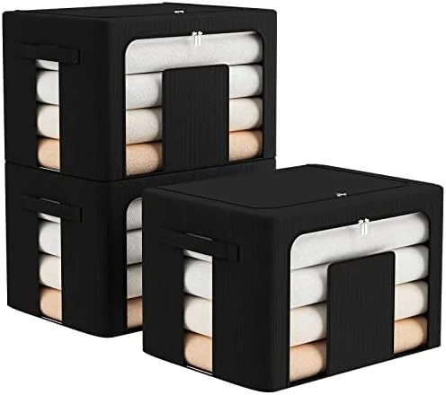 FAikhom 3 Pack Stackable Storage Bins- Foldable Metal Frame Storage Box Stackable Fabric Clothes Container Organizer With Clear Window & Carry Handles (22L, Black) 7 FAikhom 3 Pack Stackable Storage Bins- Foldable Metal Frame Storage Box Stackable Fabric Clothes Container Organizer With Clear Window & Carry Handles (22L, Black) - Image 7