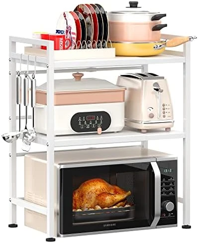 PUSDON Microwave Oven Rack, Adjustable Shelf With Hooks & 100lbs Capacity, 2-Tier Organizer For Kitchen Counter In Black-Microparticles 8 PUSDON Microwave Oven Rack, Adjustable Shelf With Hooks & 100lbs Capacity, 2-Tier Organizer For Kitchen Counter In Black-Microparticles - Image 8