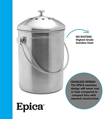 EPICA Countertop Compost Bin Kitchen | 1.3 Gallon | Odorless Composting Bin With Carbon Filters | Indoor Compost Bin With Lid | Stainless Steel Kitchen Composter For Food Scraps & Waste Recycling 1 EPICA Countertop Compost Bin Kitchen | 1.3 Gallon | Odorless Composting Bin With Carbon Filters | Indoor Compost Bin With Lid | Stainless Steel Kitchen Composter For Food Scraps & Waste Recycling