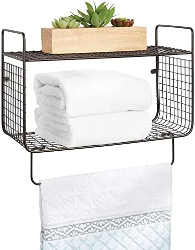 MDesign Steel Wall Mount Storage Organizer Shelf Rack With Towel Bar - Mounted Shelves For Bathroom, Laundry Room, Kitchen, Garage - Basket For Hand Towels, Washcloth - Concerto Collection - White 6 MDesign Steel Wall Mount Storage Organizer Shelf Rack With Towel Bar - Mounted Shelves For Bathroom, Laundry Room, Kitchen, Garage - Basket For Hand Towels, Washcloth - Concerto Collection - White - Image 6