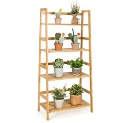 Giantex Ladder Shelf, 4 Tier Bamboo Ladder Bookshelf, 48’’ Tall Freestanding Bookcase Storage Rack Plant Stand For Living Room, Balcony, Office, Bedroom, Farmhouse Wooden Ladder Bookshelf, Natural