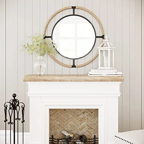 Barnyard Designs 32 Inch Round Mirror, Modern Bathroom Mirrors For Wall, Farmhouse Mirror Rope/Metal Framed Round Mirror, Circle Mirrors Bathroom Vanity Mirror, Wall Mirrors Home Decor, Black/Natural 5 Barnyard Designs 32 Inch Round Mirror, Modern Bathroom Mirrors For Wall, Farmhouse Mirror Rope/Metal Framed Round Mirror, Circle Mirrors Bathroom Vanity Mirror, Wall Mirrors Home Decor, Black/Natural - Image 5