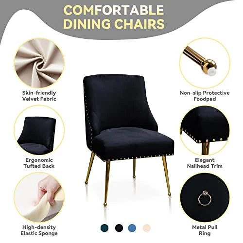 SEYNAR Dining Chairs, Comfortable Modern Kitchen Chairs With Gold Legs, Fabric Upholstered Dining Room Chairs, Accent Chairs Set Of 2, Tufted Velvet Chair For Kitchen Dining Room Guest Room(Black) 3 SEYNAR Dining Chairs, Comfortable Modern Kitchen Chairs With Gold Legs, Fabric Upholstered Dining Room Chairs, Accent Chairs Set Of 2, Tufted Velvet Chair For Kitchen Dining Room Guest Room(Black) - Image 3