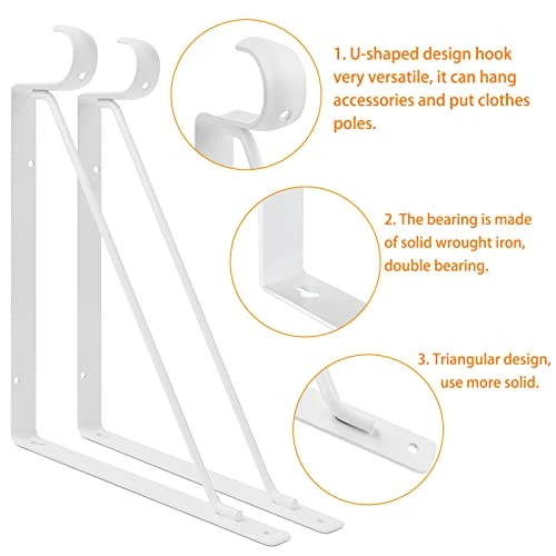 4 Pack Closet Shelf & Rod Brackets 11”x11” Heavy Duty Closet Rod Brackets, Closet Shelf Bracket With Rod Holder, 1-3/8” Dia White Closet Rod Support Bracket For Revive Your Sagging Closet Rod 3 4 Pack Closet Shelf & Rod Brackets 11”x11” Heavy Duty Closet Rod Brackets, Closet Shelf Bracket With Rod Holder, 1-3/8” Dia White Closet Rod Support Bracket For Revive Your Sagging Closet Rod - Image 3