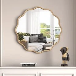 PROHOMEWARE 24 * 24“Gold Bathroom Mirror For Wall,Wave Round Mirror Vanity Mirror,Wall-Mounted Big Circle Mirror,Large Gold Mirror,Metal Frame Mirror For Bedroom Entryway Living Room Farmhouse