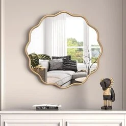 PROHOMEWARE 24 * 24“Gold Bathroom Mirror For Wall,Wave Round Mirror Vanity Mirror,Wall-Mounted Big Circle Mirror,Large Gold Mirror,Metal Frame Mirror For Bedroom Entryway Living Room Farmhouse -Songmics Furniture Shop 41pyCmxK33L. AC