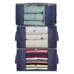 YouJiaBest Large Foldable Storage Bags, Set Of 3 Foldable Clothes Organizer With Clear Window & Carry Handles, Great For Clothes, Blankets, Bedding, Bedrooms, Tidy Up Your Closets(Blue)