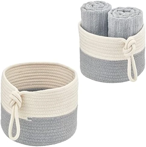 MDesign Casual Round Woven Cotton Rope Bathroom Basket With Tie Handles - Storage Organizer Set For Countertop, Floor, Closet Or Vanity, Holds Toilet Paper, Towels, Or Magazines, Set Of 2, White/Brown 8 MDesign Casual Round Woven Cotton Rope Bathroom Basket With Tie Handles - Storage Organizer Set For Countertop, Floor, Closet Or Vanity, Holds Toilet Paper, Towels, Or Magazines, Set Of 2, White/Brown - Image 8