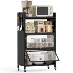 ISPECLE Bakers Racks For Kitchens With Storage, 4 Tier Microwave Stand With Storage Sturdy Kitchen Rack With Wheels For Small Appliances, Easy To Move, Black