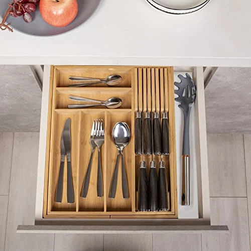 TIOPGHAD Bamboo-Silverware-Drawer-Organizer-Kitchen, Expandable Utensil Holder Cutlery Tray Flatware Organization Adjustable Wood Tableware Dividers Storage (with Removable Knife Block) 5 TIOPGHAD Bamboo-Silverware-Drawer-Organizer-Kitchen, Expandable Utensil Holder Cutlery Tray Flatware Organization Adjustable Wood Tableware Dividers Storage (with Removable Knife Block) - Image 5