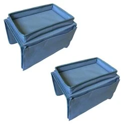 RNCOZE 2PCS Sofa Armrest Organizer With 5 Pockets, Hanging Couch TV Remote Storage Organizer With Cup Holder Tray, Sofa Slipcover Organizer Sofa Couch Armchair Caddy Holder (Blue)