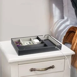 ProCase PU Valet Tray For Dad, Fathers’ Day Gift From Son Daughter - Nightstand Organizer EDC Dump Catchall Trays With Phone Charging Station, Dresser Top Entryway Faux Leather Storage Box -Black -Songmics Furniture Shop 41qII20xoFL