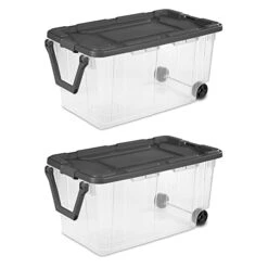 Sterilite 160 Quart Latching Stackable Bedroom Closet Playroom Wheeled Storage Box Container Bin With Gray Lid And Clear Sides, 2 Pack