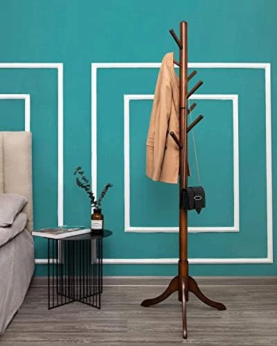 TinyTimes Wooden Coat Rack Free Standing, Sturdy Rustic Hall Tree Coat Tree Coat Hanger With 8 Hooks, For Coat, Hat, Clothes, Scarves, Handbags, Umbrella (Dark Brown) 6 TinyTimes Wooden Coat Rack Free Standing, Sturdy Rustic Hall Tree Coat Tree Coat Hanger With 8 Hooks, For Coat, Hat, Clothes, Scarves, Handbags, Umbrella (Dark Brown) - Image 6