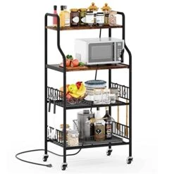 Kitchen Bakers Rack With 3 Power Outlets, 4 Tiers For Microwave, Coffee Station, And Storage Includes 6 Hooks, 48" Industrial Metal & Wood Microwave Stand Cart For Home Use - Rustic Brown