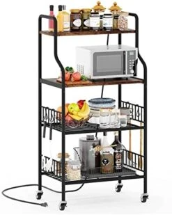 Kitchen Bakers Rack With 3 Power Outlets, 4 Tiers For Microwave, Coffee Station, And Storage Includes 6 Hooks, 48" Industrial Metal & Wood Microwave Stand Cart For Home Use - Rustic Brown 15 Kitchen Bakers Rack With 3 Power Outlets, 4 Tiers For Microwave, Coffee Station, And Storage Includes 6 Hooks, 48" Industrial Metal & Wood Microwave Stand Cart For Home Use - Rustic Brown -Songmics Furniture Shop 41qrBf6De6L. AC