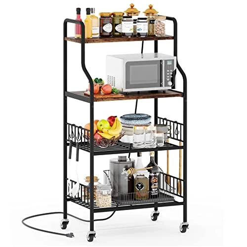 Kitchen Bakers Rack With 3 Power Outlets, 4 Tiers For Microwave, Coffee Station, And Storage Includes 6 Hooks, 48" Industrial Metal & Wood Microwave Stand Cart For Home Use - Rustic Brown 1 Kitchen Bakers Rack With 3 Power Outlets, 4 Tiers For Microwave, Coffee Station, And Storage Includes 6 Hooks, 48" Industrial Metal & Wood Microwave Stand Cart For Home Use - Rustic Brown