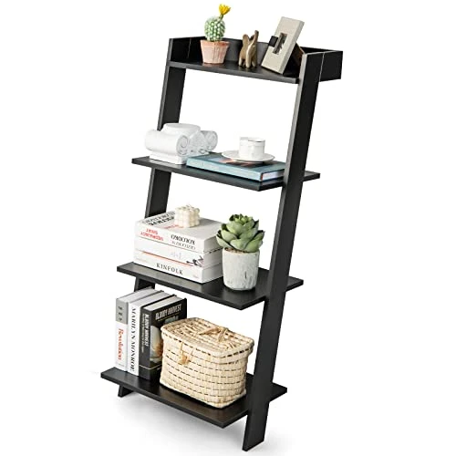 Tangkula 4 Tier Ladder Shelf, Leaning Bookshelf With Solid Wooden Frame, Anti-toppling Device, Anti-falling Baffle, Organizer Shelf, Open Shelving Unit For Home Office, 19.5 X 17.5 X 43 Inches (Black) 1 Tangkula 4 Tier Ladder Shelf, Leaning Bookshelf With Solid Wooden Frame, Anti-toppling Device, Anti-falling Baffle, Organizer Shelf, Open Shelving Unit For Home Office, 19.5 X 17.5 X 43 Inches (Black)