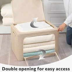 3 Pack Clothes Storage Bins - Foldable Metal Frame Storage Box - Stackable Linen Fabric Organizer Set With Carrying Handles And Clear Window (Beige, 19.7x15.7x12.6inch(66L))