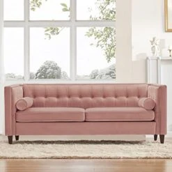 Dreamsir 58'' W Velvet Sofa, Mid-Century Love Seats Sofa Furniture With Bolster Pillows, Button Tufted Couch For Living Room, Tool-Free Assembly (Loveseat, Pink)