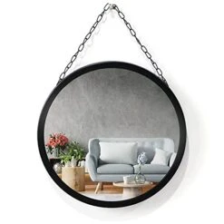 ZENIDA Circle Decorative Wall Mirror,Black Hanging Mirror With Black Stainless Chain, Small Round Mirror Wall Decor, Hanging Mirror For Wall, Wash Room, Living Room, Bedroom,Bathroom Vanity Mirror
