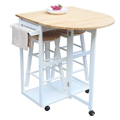 White Collapsible Kitchen Island Cart With 2 Stools - Semicircle Desk With Chairs - Solid Wood Drop Leaf Table With Handles - Foldable Kitchen Table On Wheels - Rolling Folding Table With Drawers 4 White Collapsible Kitchen Island Cart With 2 Stools - Semicircle Desk With Chairs - Solid Wood Drop Leaf Table With Handles - Foldable Kitchen Table On Wheels - Rolling Folding Table With Drawers - Image 4