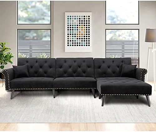 Convertible Sectional Sofa Bed, L-Shaped Reversible Reclining Velvet Sofa With 3 Seats And Pillows For Living Room Small Apartment Spaces Furniture Set (Blue) 4 Convertible Sectional Sofa Bed, L-Shaped Reversible Reclining Velvet Sofa With 3 Seats And Pillows For Living Room Small Apartment Spaces Furniture Set (Blue) - Image 4