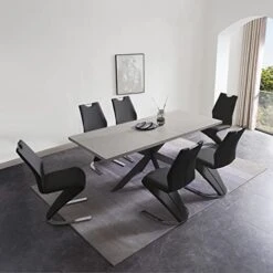 ZckyCine Modern Mid-Century Dining Table For 6-8 People Kitchen Table Set Extendable Rectangular Dining Table With 6 Leather Upholstered Dining Chairs