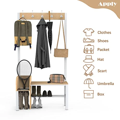 Entryway Coat Rack Shoe Bench, 4-in-1 Hall Tree Storage Bench, Organizer Entrance Storage Shelf Furniture With 5 Coat Hooks For Hallway Home Bedroom White 6 Entryway Coat Rack Shoe Bench, 4-in-1 Hall Tree Storage Bench, Organizer Entrance Storage Shelf Furniture With 5 Coat Hooks For Hallway Home Bedroom White - Image 6