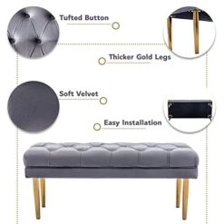 ZSARTS Grey Velvet Tufted Entryway Bench End Of Bed, Modern Upholstered Bedroom Bed Bench Ottoman 42" With Gold Legs And Deep Buttons For Foyer Living Room Bedroom Vanity (Grey) -Songmics Furniture Shop 41rvPi0FSBL