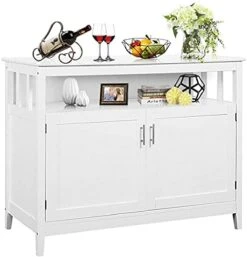Costzon Buffet Cabinet With Storage, 45" L X 20" D X 36" H Large Wooden Kitchen Sideboard With 2-Level Shelf, Open Doors, Coffee Station Side Boards For Living Room, Home Coffee Bar, Bathroom (White)