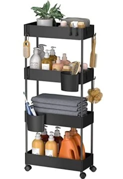 Pipishell Slim Storage Cart With Wheels, 4 Tier Bathroom Storage Organizer Rolling Utility Cart For Bathroom Kitchen Laundry Room Office Narrow Place (Black)