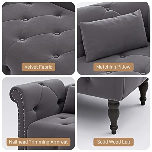 WIILAYOK Chaise Lounge Indoor With Pillow, Velvet Lounge Chair With Buttons Nailhead Trim And Solid Wood Legs, Recliner Lounge Chair For Living Room Bedroom (Grey) 4 WIILAYOK Chaise Lounge Indoor With Pillow, Velvet Lounge Chair With Buttons Nailhead Trim And Solid Wood Legs, Recliner Lounge Chair For Living Room Bedroom (Grey) - Image 4
