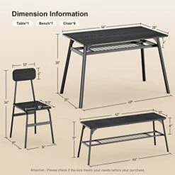 Gizoon Dining Table Set For 6, 6 Piece Kitchen Table, 46'' Dining Room Table Set For 6 With Storage Rack For Home, Apartment, 4 Sturdy Chairs, Bench, Small Space, Black
