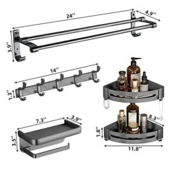 4 Pieces Gunmetal Grey Bathroom Accessories Set – 24" Wall Mounted Double Towel Bar, Coat Rack, Double Corner Shower Shelves, Toilet Roll Holder With Phone Holder, Gunmetal Bath Hardware Set
