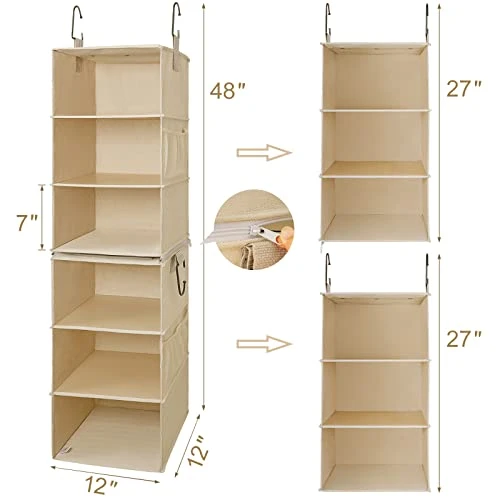 TOPIA HOME 6-Shelf Hanging Closet Organizer, Two Separable 3-Tier Thickened Fabric Hanging Closet Shelves With Mesh Pockets, Collapsible Closet Organizers And Storage Organization, Beige 2 TOPIA HOME 6-Shelf Hanging Closet Organizer, Two Separable 3-Tier Thickened Fabric Hanging Closet Shelves With Mesh Pockets, Collapsible Closet Organizers And Storage Organization, Beige - Image 2