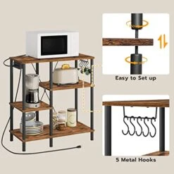 HOOBRO Bakers Rack With Power Outlet, Microwave Stand With 5 S-Shaped Hooks, Coffee Bar, Kitchen Storage Shelf, For Kitchen, Living Room, Rustic Brown And Black BF07UHB01 -Songmics Furniture Shop 41tnLwccz7L