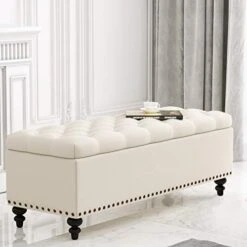 HUIMO Ottoman With Storage, 51-inch Storage Ottoman Bench With Button-Tufted, Bedroom Bench Safety Hinge Ottoman In Upholstered Fabrics, Large Storage Bench For Bedroom, Living Room (Ivory) -Songmics Furniture Shop 41tnn01n4AL. AC