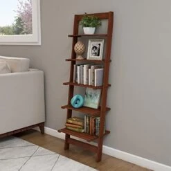 5-Tier Ladder Shelf - Wooden Narrow Leaning Book Shelf For Bedroom, Living Room, Or Kitchen Shelving - Boho Home Decor By Lavish Home (Oak) -Songmics Furniture Shop 41tr3zB43DL. AC