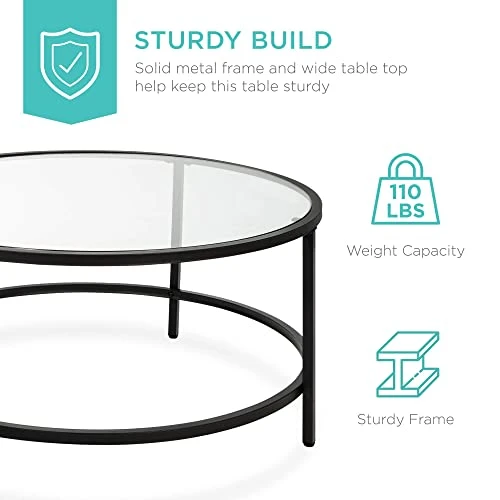 Best Choice Products 36in Modern Round Tempered Glass Accent Side Coffee Table For Living Room, Dining Room, Tea, Home Décor W/Metal Frame, Non-Marring Foot Caps - Black 2 Best Choice Products 36in Modern Round Tempered Glass Accent Side Coffee Table For Living Room, Dining Room, Tea, Home Décor W/Metal Frame, Non-Marring Foot Caps - Black - Image 2