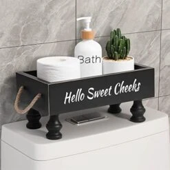 BS-VOG Bathroom Decor Box, Raised Wood Toilet Tank Basket For Toilet Paper With Funny Signs On 2 Sides For Back Of Toilet, Farmhouse Tank Topper Storage Organizer Tray For Rustic Home Decor (Black) -Songmics Furniture Shop 41u1md JxL. AC