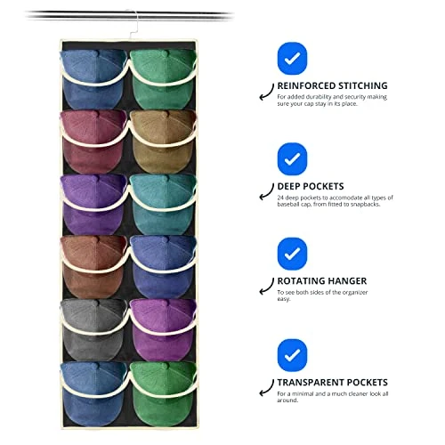 Tidy Zebra Hanging Hat Rack Organizer To Display Baseball Caps - 24 Pockets Dual Sided Hat Hanger For Ball Cap Organization & Storage Best Hat Holder For Closet Home Dorm Room Essentials (Black) 3 Tidy Zebra Hanging Hat Rack Organizer To Display Baseball Caps - 24 Pockets Dual Sided Hat Hanger For Ball Cap Organization & Storage Best Hat Holder For Closet Home Dorm Room Essentials (Black) - Image 3