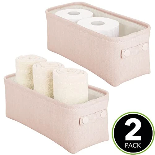 MDesign Narrow Fabric Storage Bin Basket With Handles For Bathroom Closet, Vanity, Cabinet, Cubby, Countertop, Small Slim Baskets For Towels, Toilet Tissue, Crane Collection, 2 Pack - Light Pink 2 MDesign Narrow Fabric Storage Bin Basket With Handles For Bathroom Closet, Vanity, Cabinet, Cubby, Countertop, Small Slim Baskets For Towels, Toilet Tissue, Crane Collection, 2 Pack - Light Pink - Image 2
